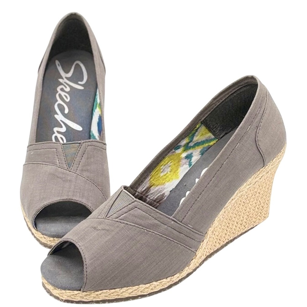 Skechers‎ Parallel Grey Textile Espadrille 3 in Wedge Peep Toe Sandals Women's 8